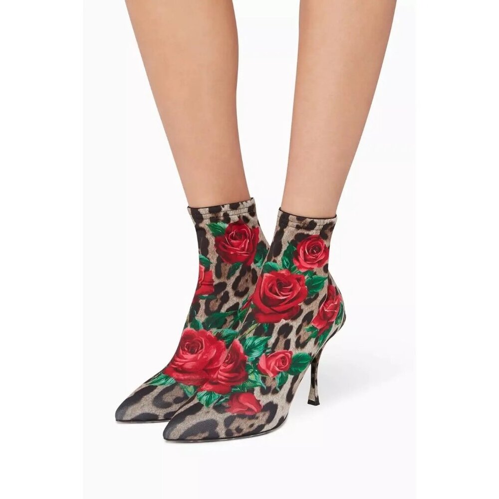 NIB $1195 Dolce & Gabbana Leopard Rose Print Stretch Boots Size 10